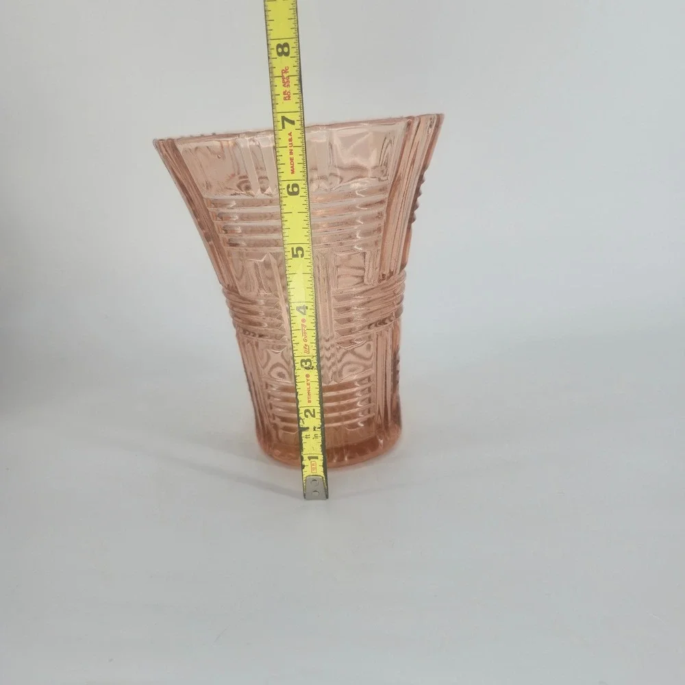 Vintage Pink Depression Glass Vase Art Deco Geometric Prismatic 7 Inch Blush